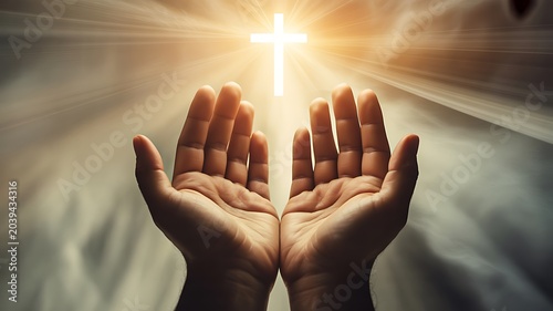 Praying hands raised toward glowing cross with divine light symbolizing faith hope and spirituality