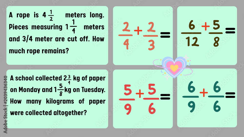 Naklejka premium Educational Math Problems Fractions, Addition, and Subtraction Practice for Students