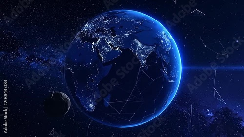 A glowing digital planet floats in the dark vastness of space
