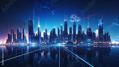 A futuristic digital city skyline glows under a dark night sky