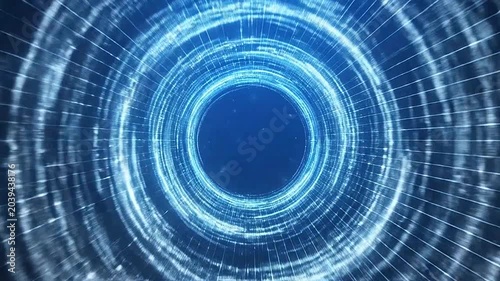 A glowing blue digital tunnel with concentric light rings