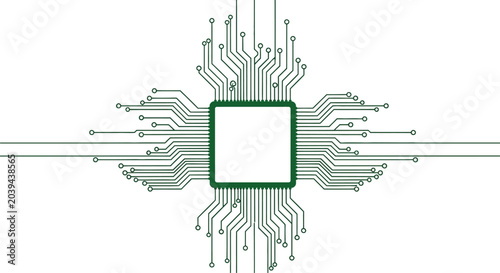 Green circuit board lines and square chip on white background, processor technology electronic