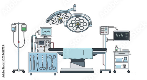 Operating room with surgical equipment and medical devices
