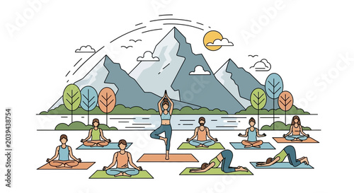 Foto Outdoor Yoga Class in Mountains: People Meditating, Exercising