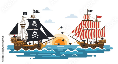 Cuadro en lienzo Pirate Ships Battle at Sunset