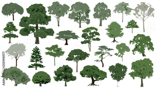 Collection of diverse green tree vector illustrations featuring various shapes and sizes for professional graphic design