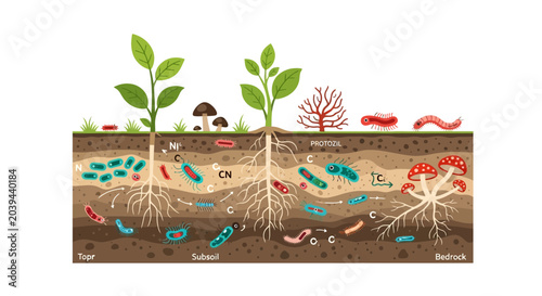 Soil Ecosystem: Microbes, Fungi, Roots, and Life Layers