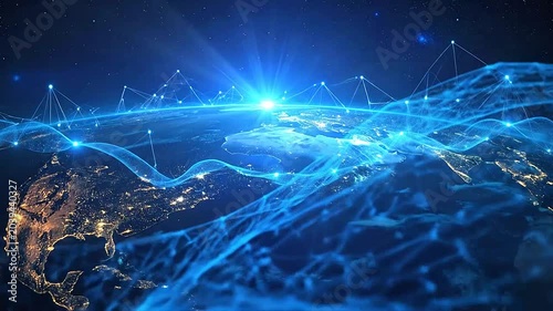 A digital network connection glowing over a dark planet at night