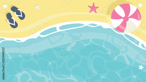 Vibrant vector illustration of a sunny beach scene featuring playful items like sandals and balls
