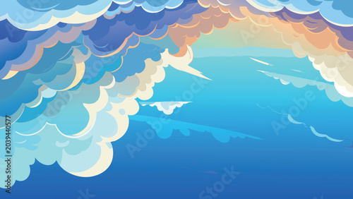 Stylized vector illustration of fluffy blue clouds drifting across a bright and vibrant sunny sky background