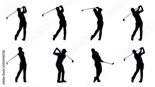Black silhouette vector set showing multiple golf players performing dynamic swings on a clean white background