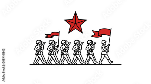 Foto Military Parade Illustration: Soldiers Marching with Red Star and Flags
