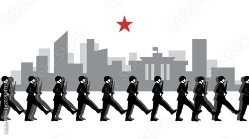 Fotografia Military Parade in Cityscape with Red Star Symbol