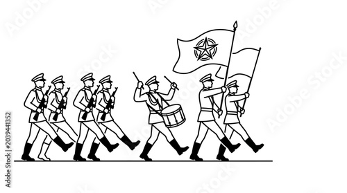 Foto Military Parade Marching Band with Flags and Drums, Black and White Line Art