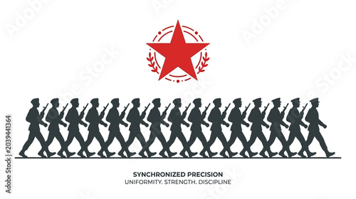 Foto Military Parade Marching Soldiers Formation with Red Star Symbol