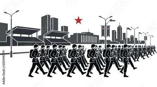 Photos Military Parade Marching Soldiers Cityscape Red Star Illustration