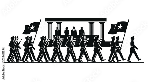 Canvas Print Military Parade Marching Soldiers with Flags Before Government Building