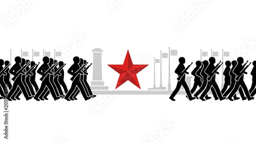 Konstfotografi Military Parade with Red Star and Flags - Marching Soldiers Silhouette