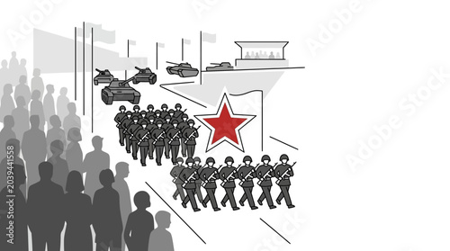 Quadro su tela Military Parade with Soldiers and Tanks, Red Star Symbol, Crowd Watching
