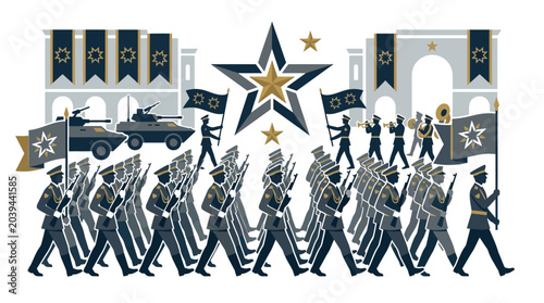 Quadro em tela Military Parade with Soldiers, Tanks, and Flags in Formation