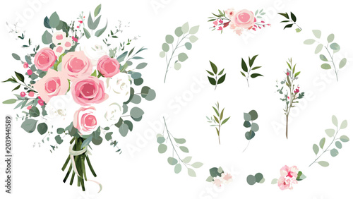 Decorative floral vector illustration featuring elegant pink and white roses arranged with lush green eucalyptus leaves