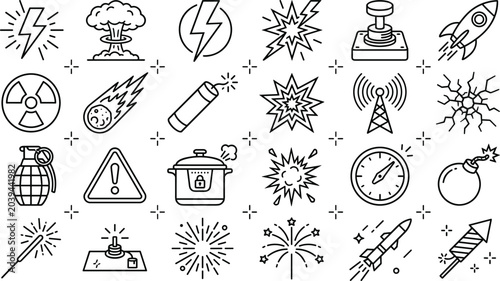 Konstfotografi Explosion blast detonation and dangerous pyrotechnic hazard vector line icons se