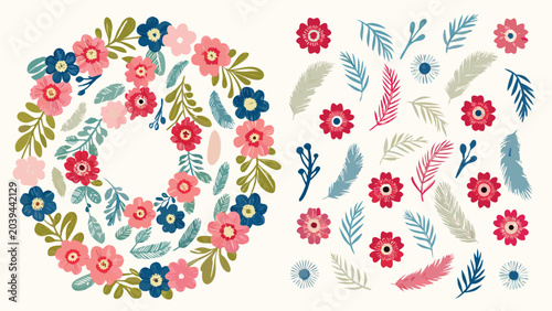 Decorative floral wreath and botanical elements set created as a vibrant flat vector design illustration collection