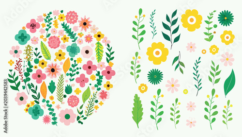 Decorative floral vector illustration featuring a circular bouquet arrangement and individual colorful botanical element design set