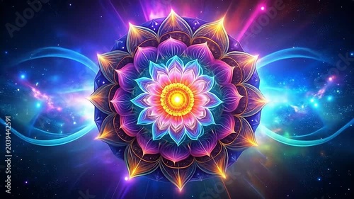 A glowing floral mandala radiates vibrant light in deep space