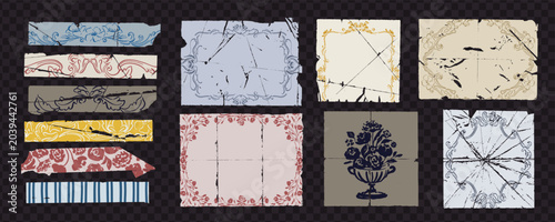 Faded paper with place for text. Different folded papers with vintage frames, patterns. Cutout vintage, old, damaged paper. Message, quote box. Piece, sheet of paper for notes. Floral ornaments.