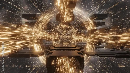 Futuristic engine core radiates golden light and energy beams in a complex mechanical space structure.
