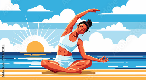 Foto Sunrise yoga session, a serene vector illustration of a woman meditating on the