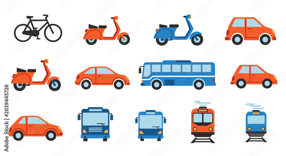 Naklejka premium Collection of diverse urban transport vehicles: bicycle, scooters, cars, buses, tram, train