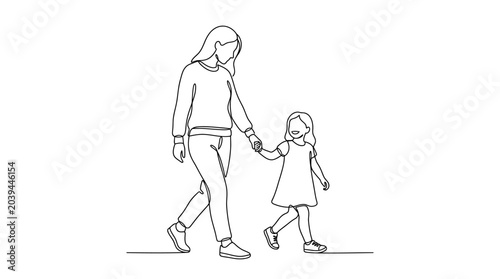 Cuadro en lienzo mother and daughter walking line art illustration