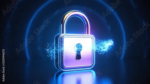 A glowing metallic padlock stands against a dark abstract background