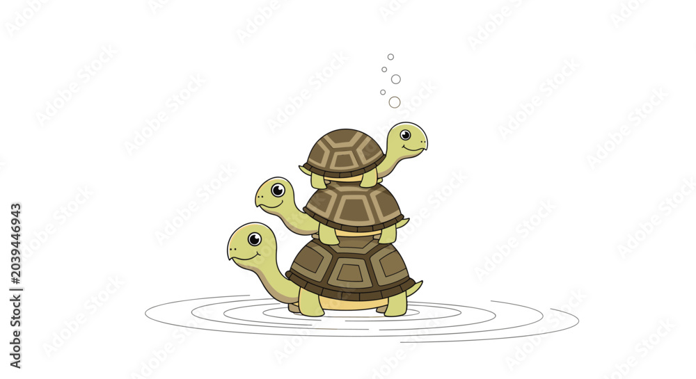 Obraz premium Three friendly cartoon turtles are playfully stacked on top of each other in the middle of calm water ripples.