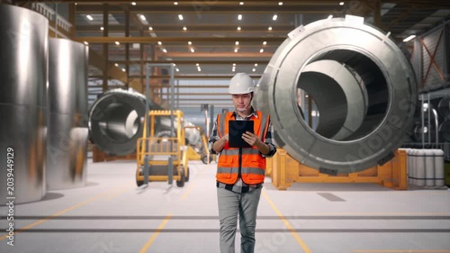 Front View of Asian Male Engineer Use Tablet While Walking at Heavy Factory with Large Turbine Components