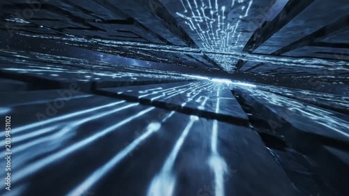 Circuitry board lines glow with bright blue light across a dark metallic surface in this digital representation of computing.