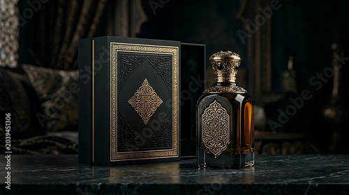 Perfume container with a gold-etched label stands beside its open ornate packaging on a polished dark stone table.