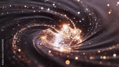 Swirling vortex of golden light particles creates a dynamic funnel effect on a dark background.