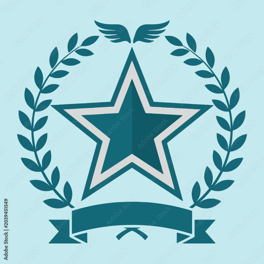 Obraz premium A teal star emblem with laurel leaves and a blank banner below