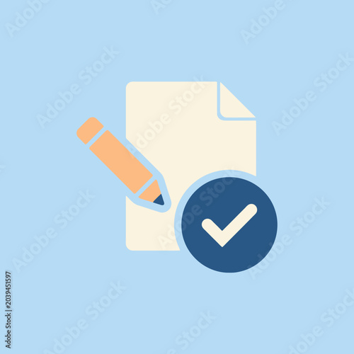 A flat icon showing a document with a pencil and checkmark
