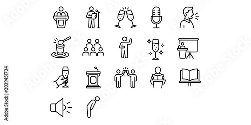 Fotografie Icon set collection of public speaking, conference presentations, business seminars, microphones, reading, and celebratory networking symbols in line art