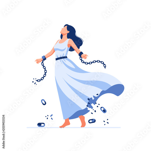 Tablou pe pânză A woman in a white dress breaks free from heavy metal chains