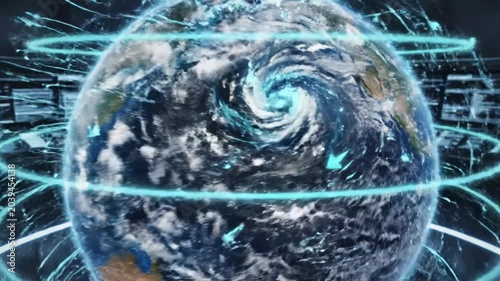 Earth globe rotates inside a digital network of glowing blue data lines representing global connectivity.