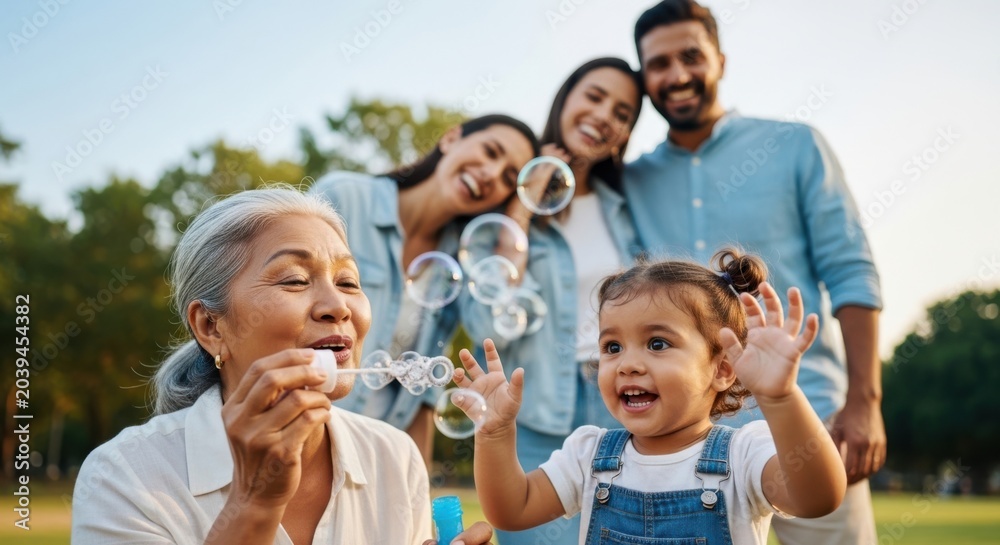 Obraz premium Joyful multi generational family enjoying bubbles outdoors on a sunny day