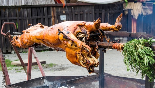 Roasted pig on a spit