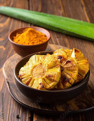 Roasted pineapple slices in a bowl on a wooden table