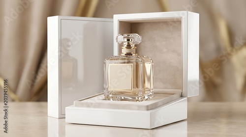 Perfume bottle with a square glass design sits inside a minimalist white gift box on a marble surface.