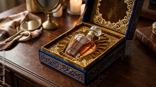 Perfume bottle is showcased in a gold-lined blue box placed on a wooden vanity table near candles.